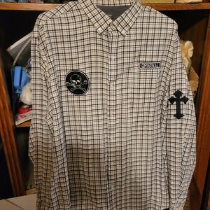 Upcycled Plaid Button-Up Flannel Shirt Skull Crossbones Original Iron Cross XL